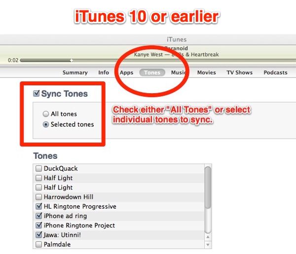 iTunes 10 select Tones to sync