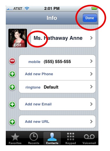 Finish Editing iPhone Contact Prefix
