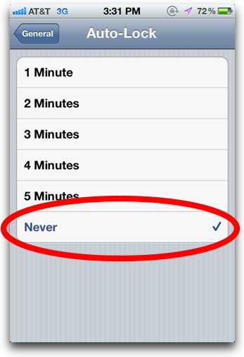 Tap Never in iPhone Auto-Lock Settings
