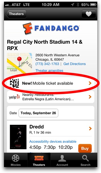 Fandango Passbook mobile ticketing example on iPhone