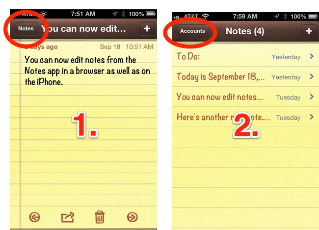 Maneuver to iCloud account in Notes app