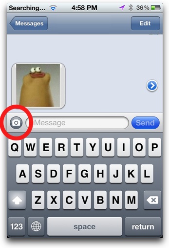 Tap Camera icon in Messages app to send MMS, photo or video
