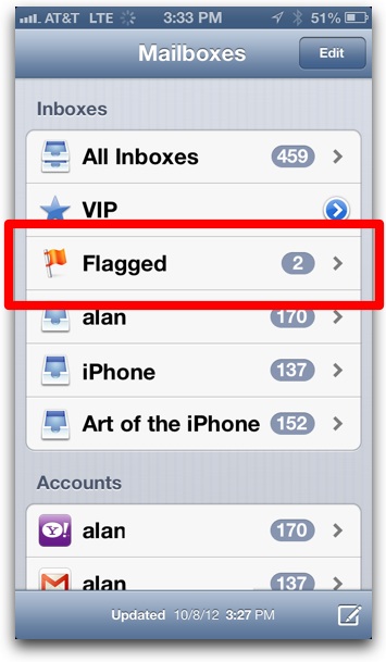 Flagged email inbox in iPhone Mail app