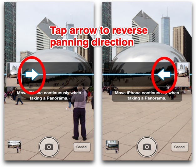 Tap arrow to reverse panning direction