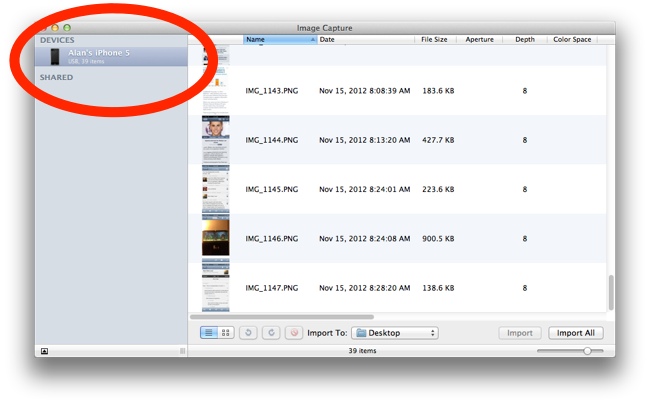 Select your iPhone in Image Capture
