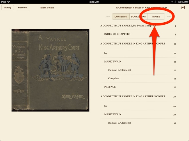 Tap Notes button in iBooks